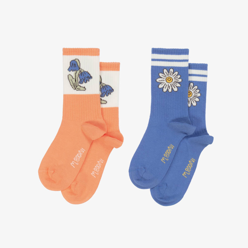 Mini Rodini-Girls Blue & Orange Floral Cotton Socks (2 Pack) | Childrensalon Outlet