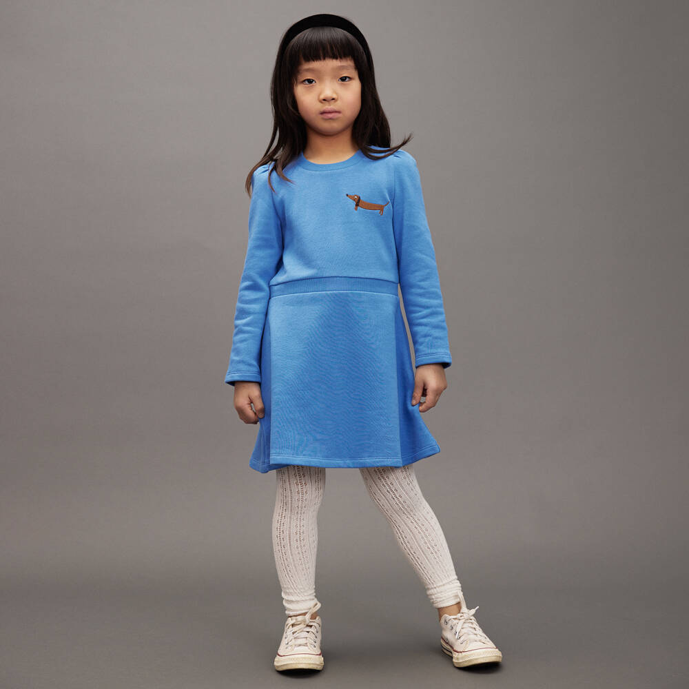 Mini Rodini-Girls Blue Organic Cotton Jersey Dress with Dog Motif | Childrensalon Outlet