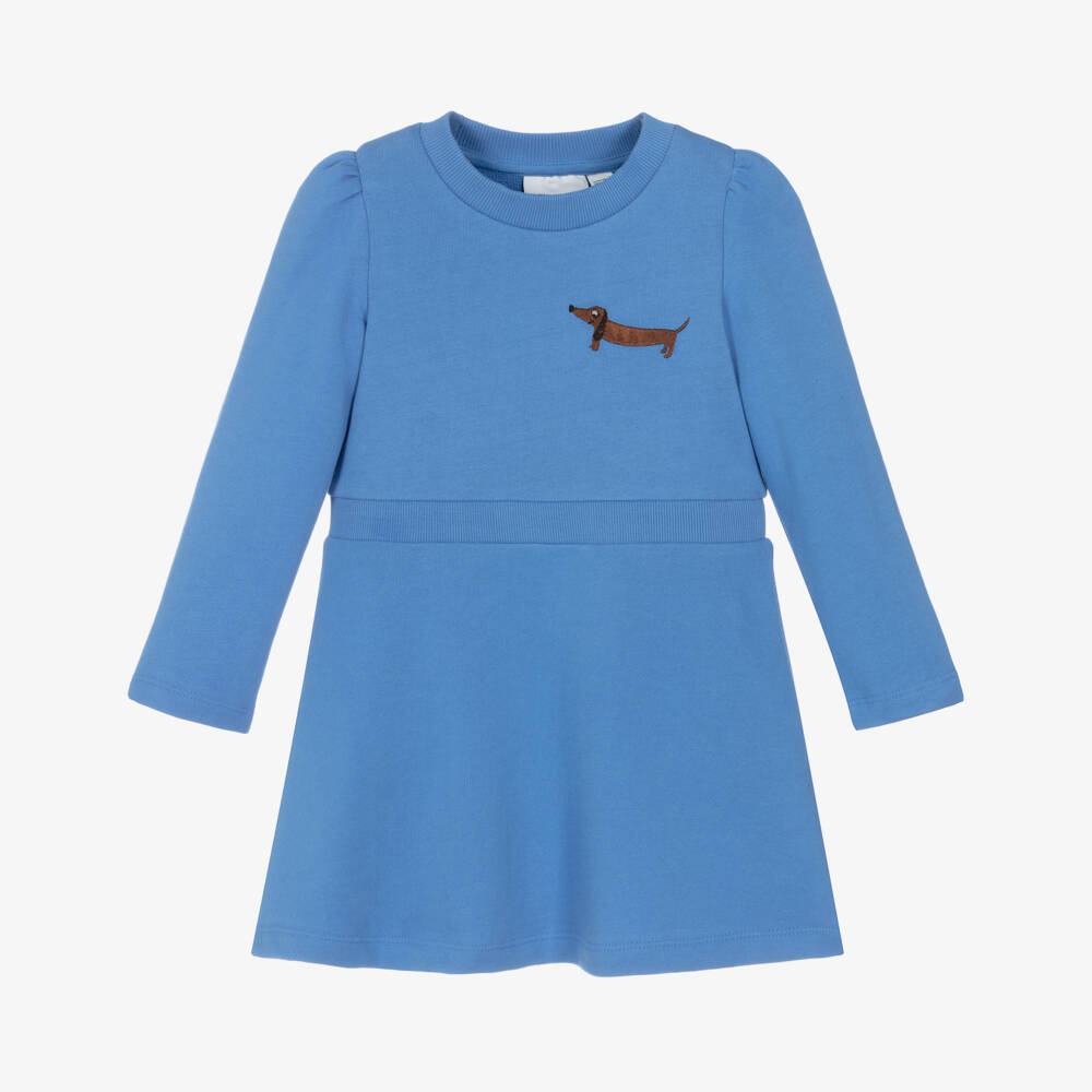 Mini Rodini-Girls Blue Organic Cotton Jersey Dress with Dog Motif | Childrensalon Outlet
