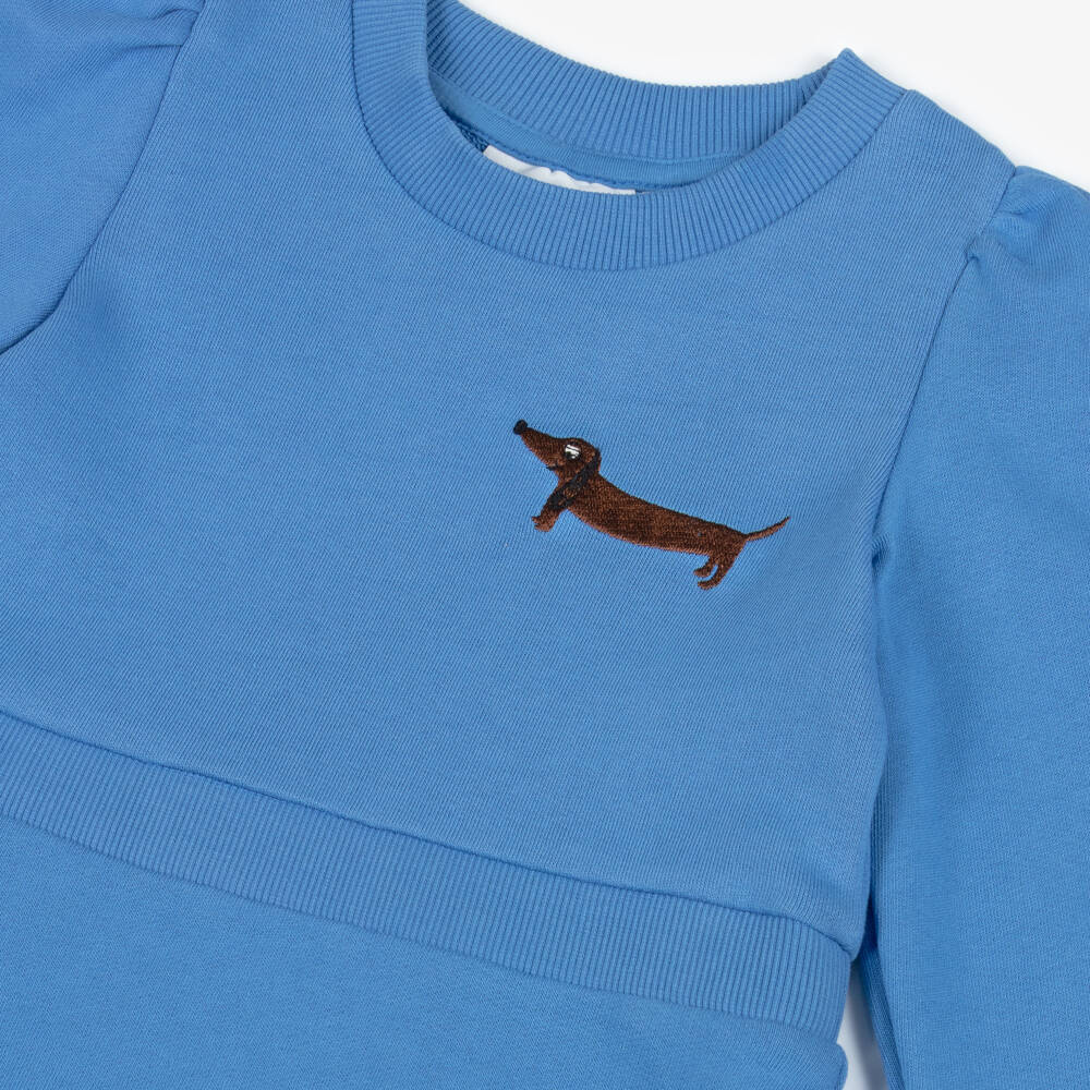 Mini Rodini-Girls Blue Organic Cotton Jersey Dress with Dog Motif | Childrensalon Outlet