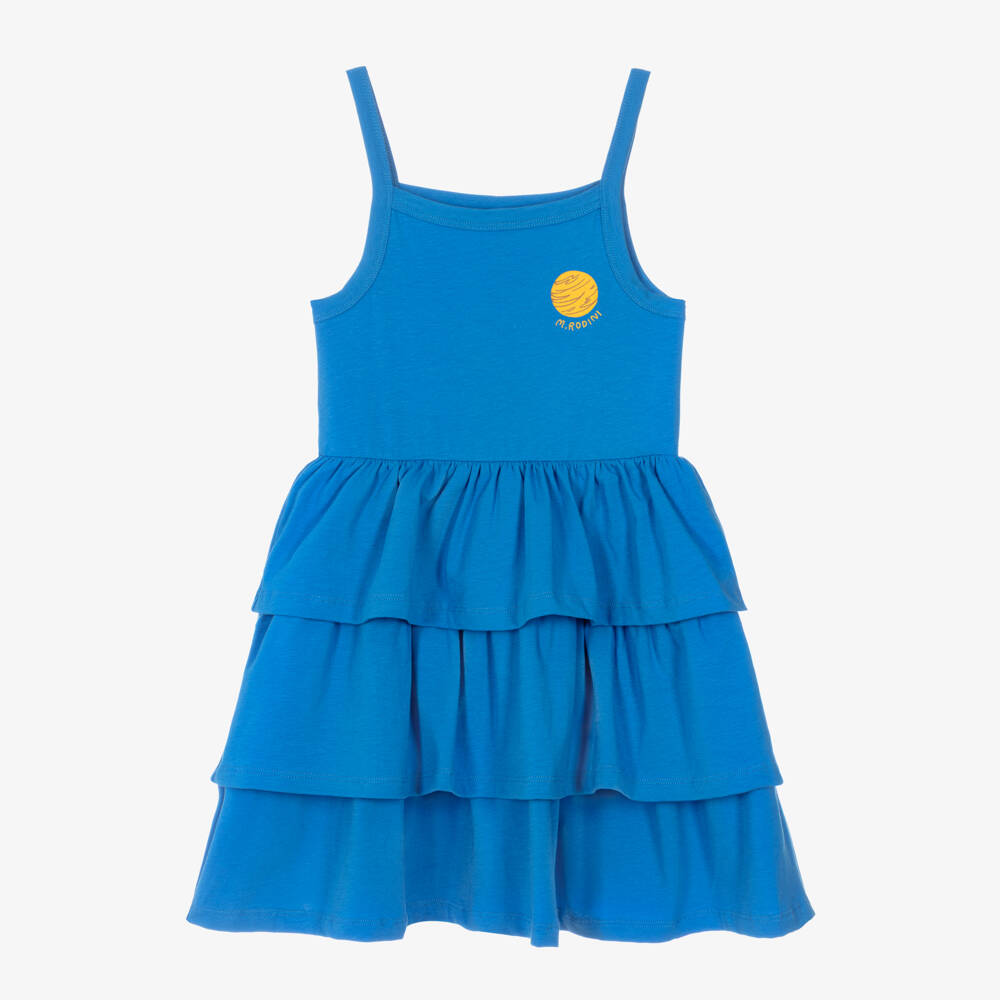 Mini Rodini-Girls Blue Organic Cotton Planet Logo Dress | Childrensalon Outlet