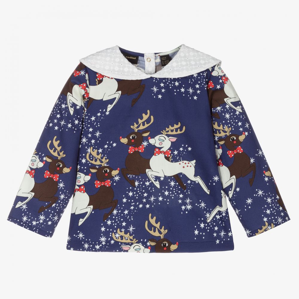 Mini Rodini - Girls Blue Reindeer Blouse | Childrensalon