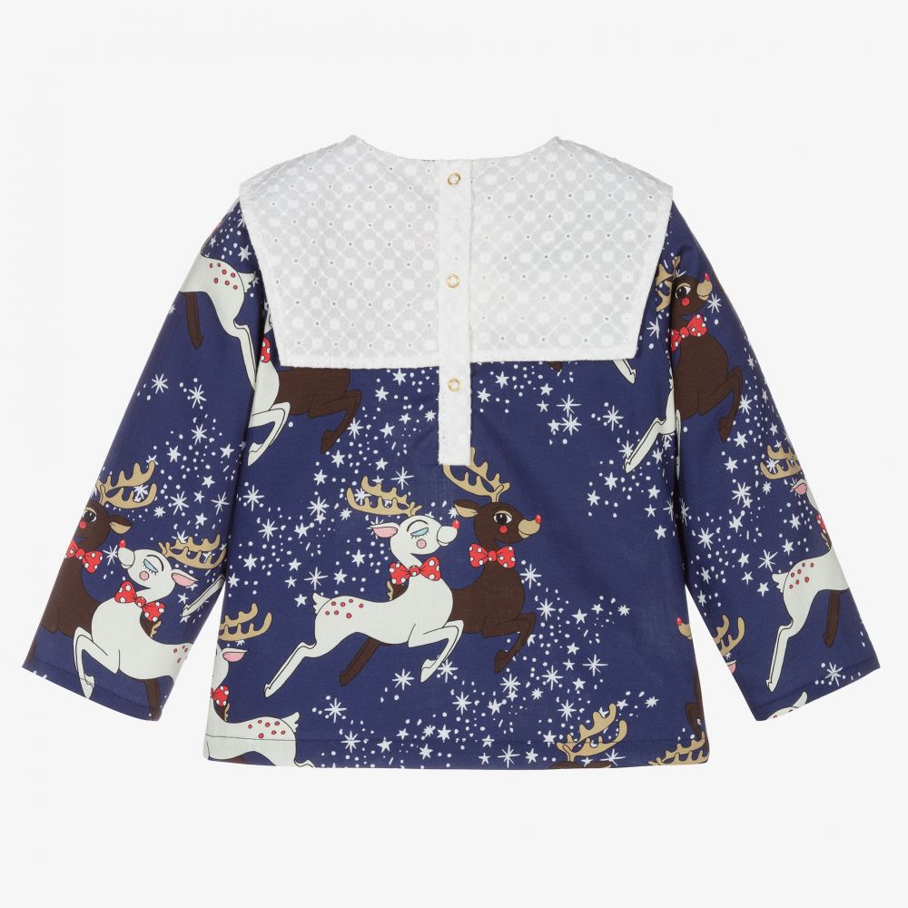 Mini Rodini Girls Blue Reindeer Blouse Childrensalon Outlet