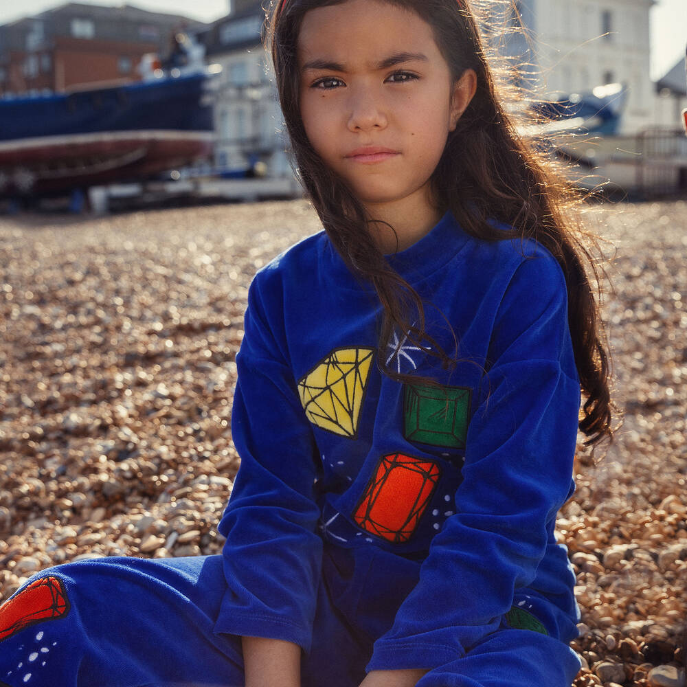 Mini Rodini-Girls Blue Velour Jewels Joggers | Childrensalon Outlet
