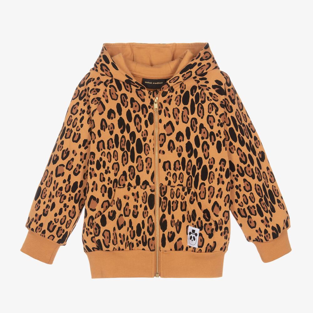 Girls Brown Cotton Leopard Zip Up Top