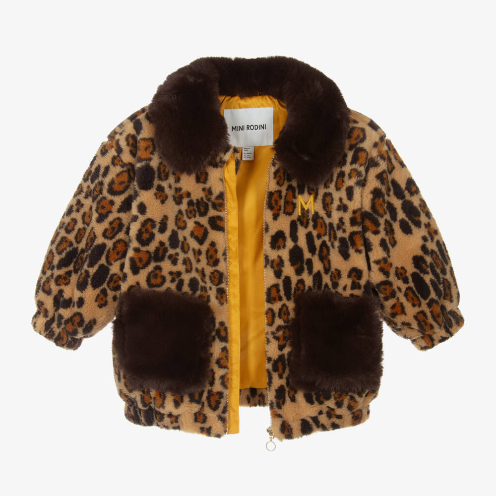 Mini Rodini-Girls Brown Faux Fur Leopard Jacket | Childrensalon Outlet