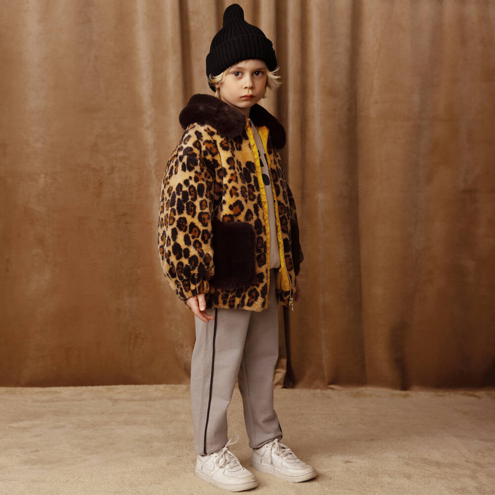 Mini Rodini-Girls Brown Faux Fur Leopard Jacket | Childrensalon Outlet