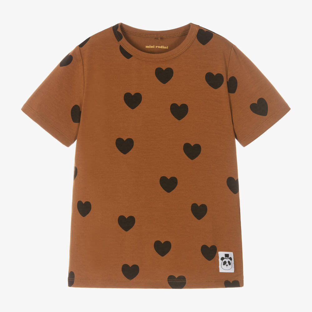 Mini Rodini - Girls Brown Hearts T-Shirt | Childrensalon