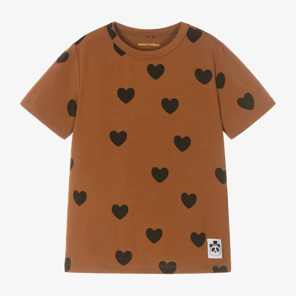 Mini Rodini-Коричневая футболка с сердечками для девочек | Childrensalon Outlet