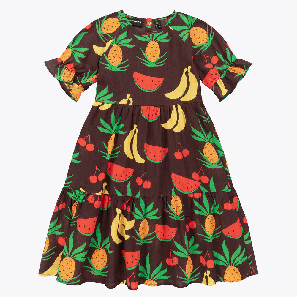 Mini Rodini - Girls Brown Organic Cotton Fruit Dress | Childrensalon