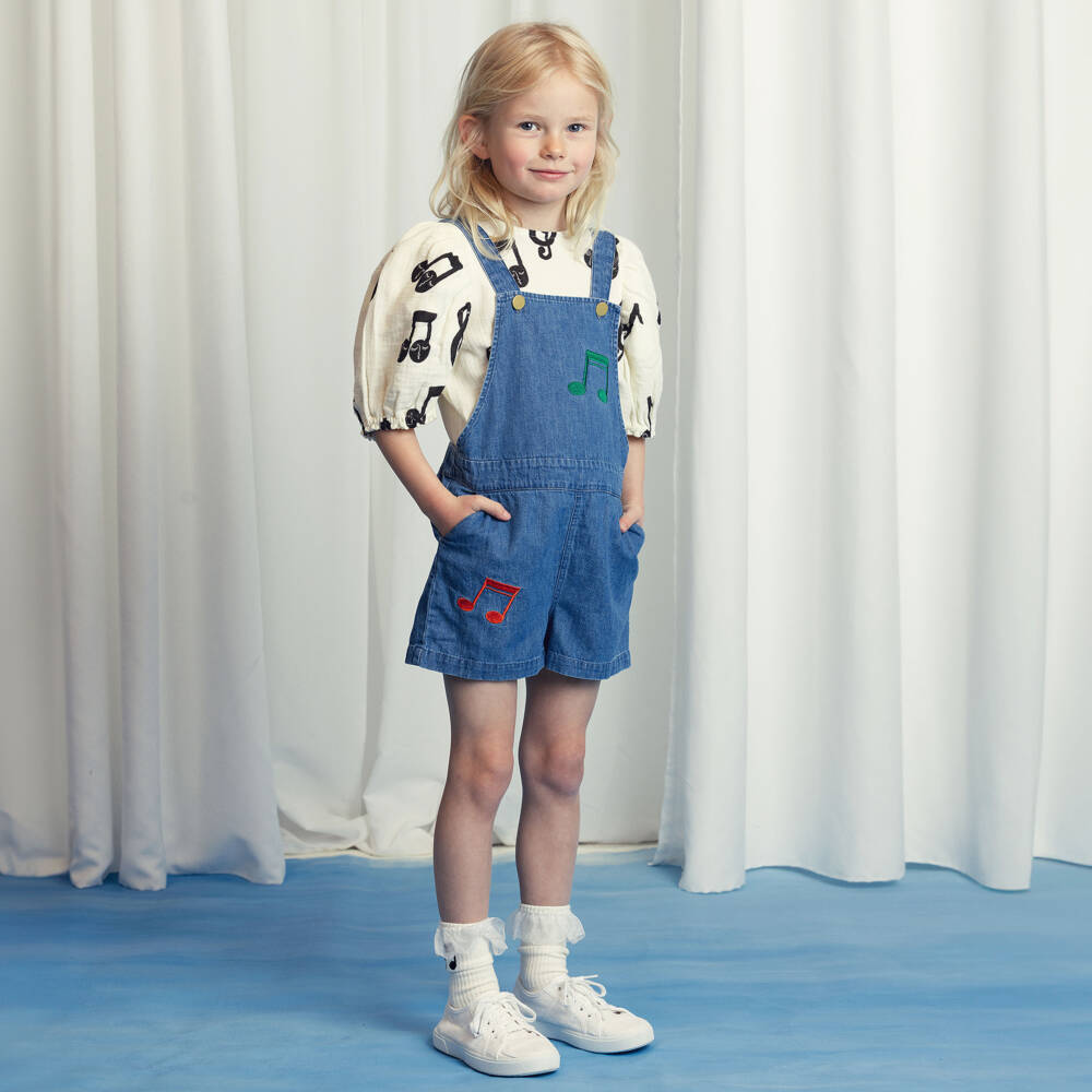 Mini Rodini-Girls Chambray Dungarees with Music Notes | Childrensalon Outlet