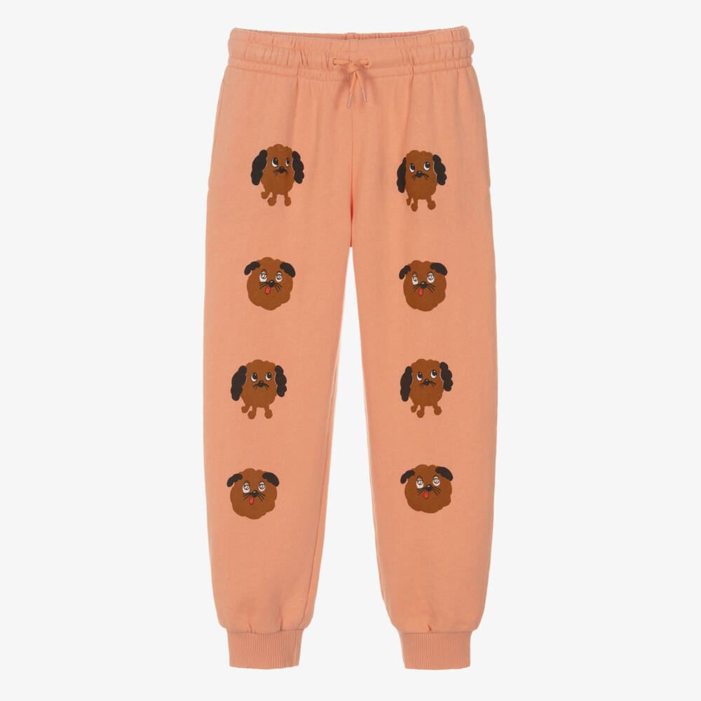 Mini Rodini-Girls Coral Pink Organic Cotton Joggers with Dog Motifs | Childrensalon Outlet