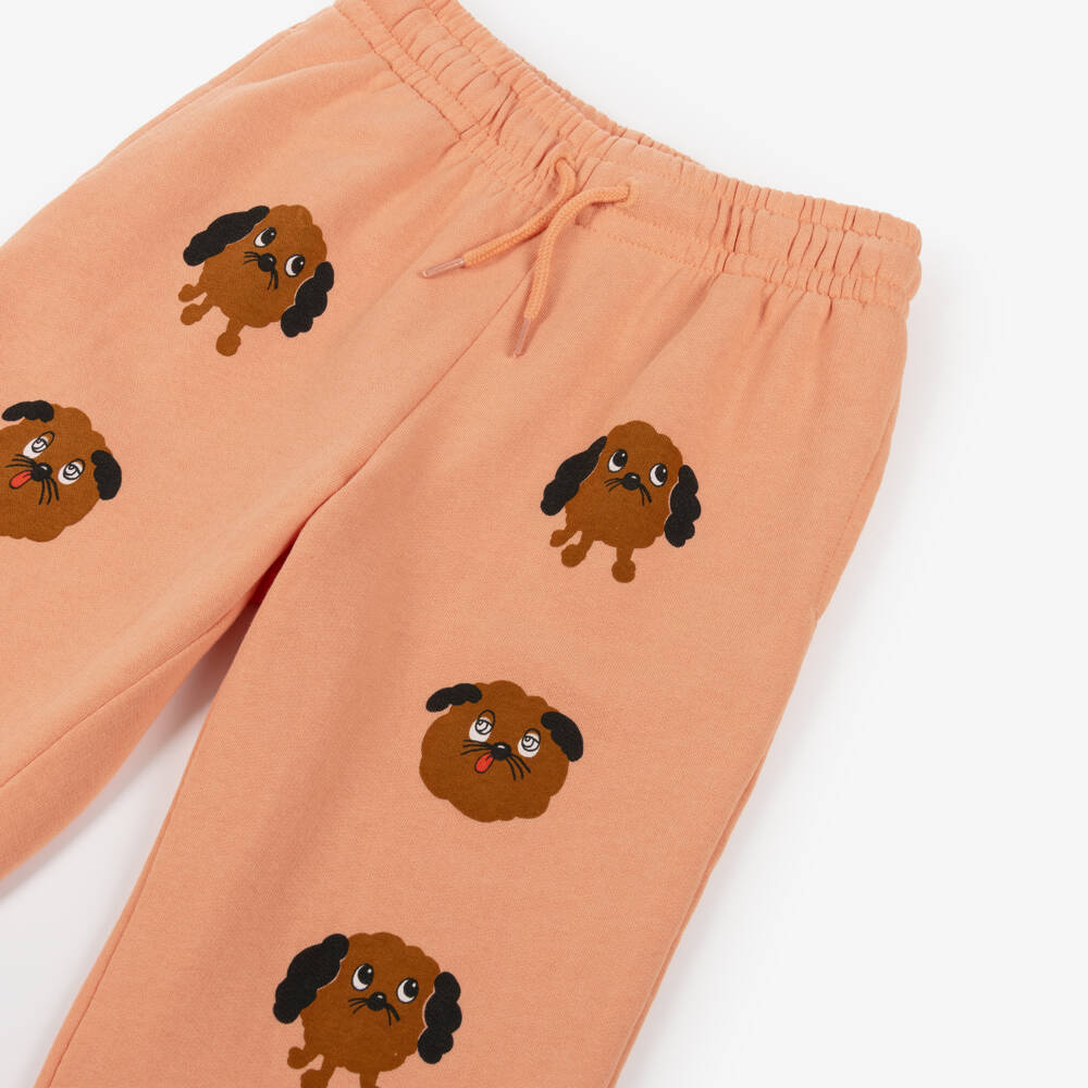 Mini Rodini-Girls Coral Pink Organic Cotton Joggers with Dog Motifs | Childrensalon Outlet