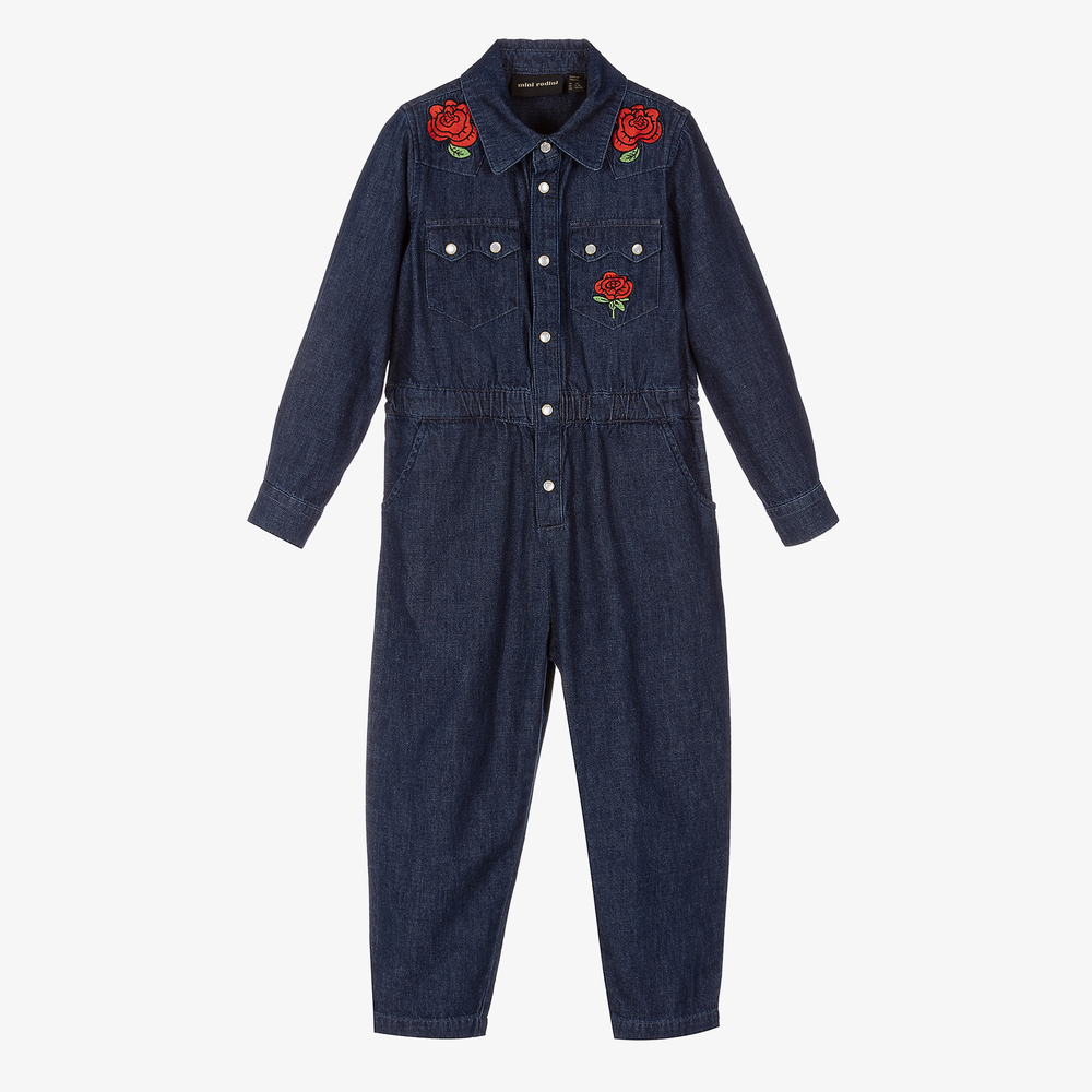 Mini Rodini - Girls Dark Blue Denim Jumpsuit | Childrensalon