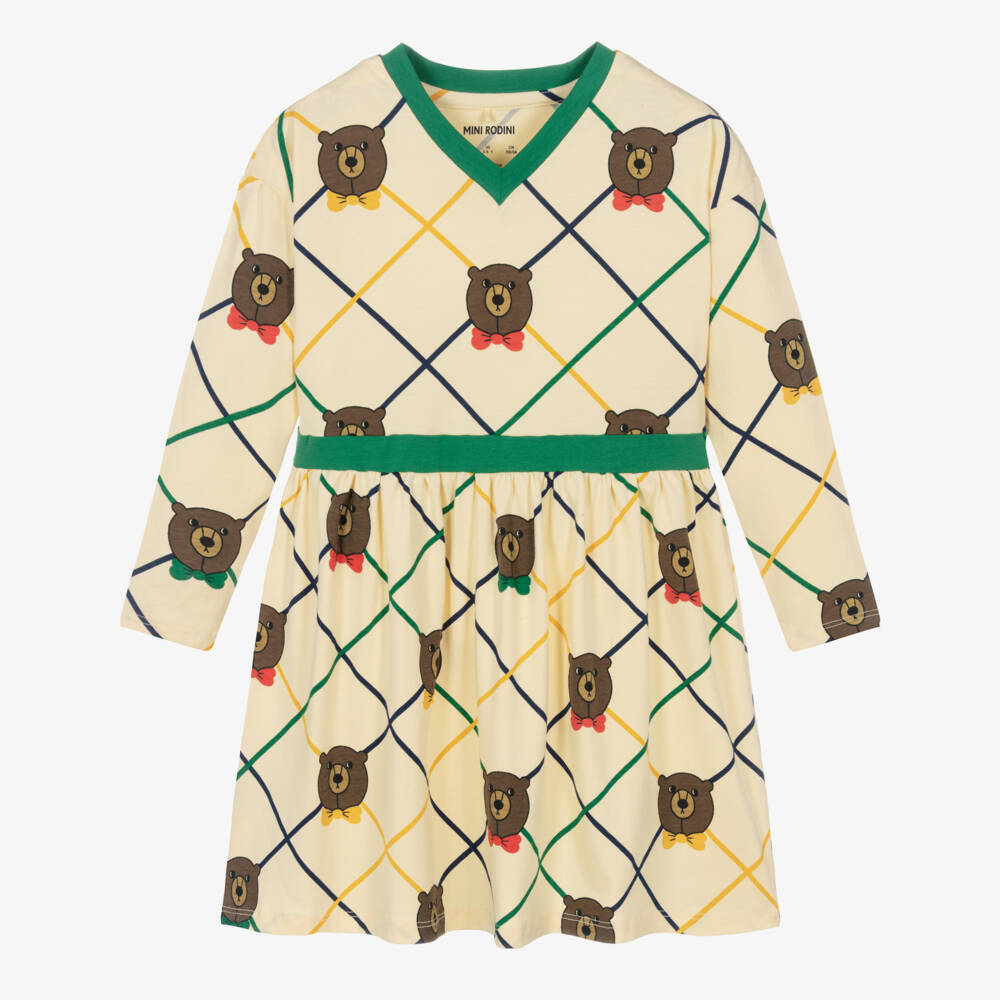 Mini Rodini-Girls Dark Ivory Cotton Bear Print Dress | Childrensalon Outlet