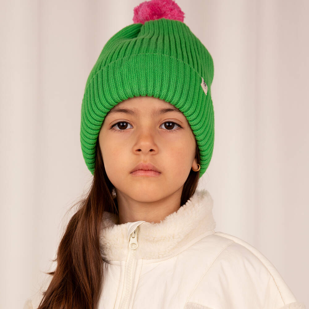 Mini Rodini-قبعة قطن عضوي محبوك لون أخضر وزهري للبنات | Childrensalon Outlet