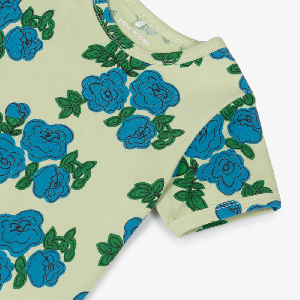 Mini Rodini-Girls Green Tee with Blue Roses | Childrensalon Outlet