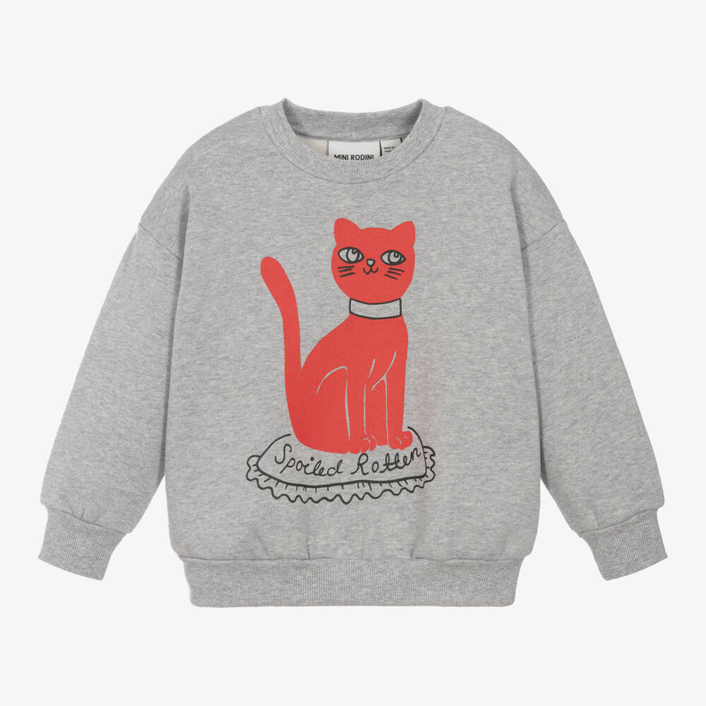 Mini Rodini-Girls Grey Cat Print Jumper | Childrensalon Outlet