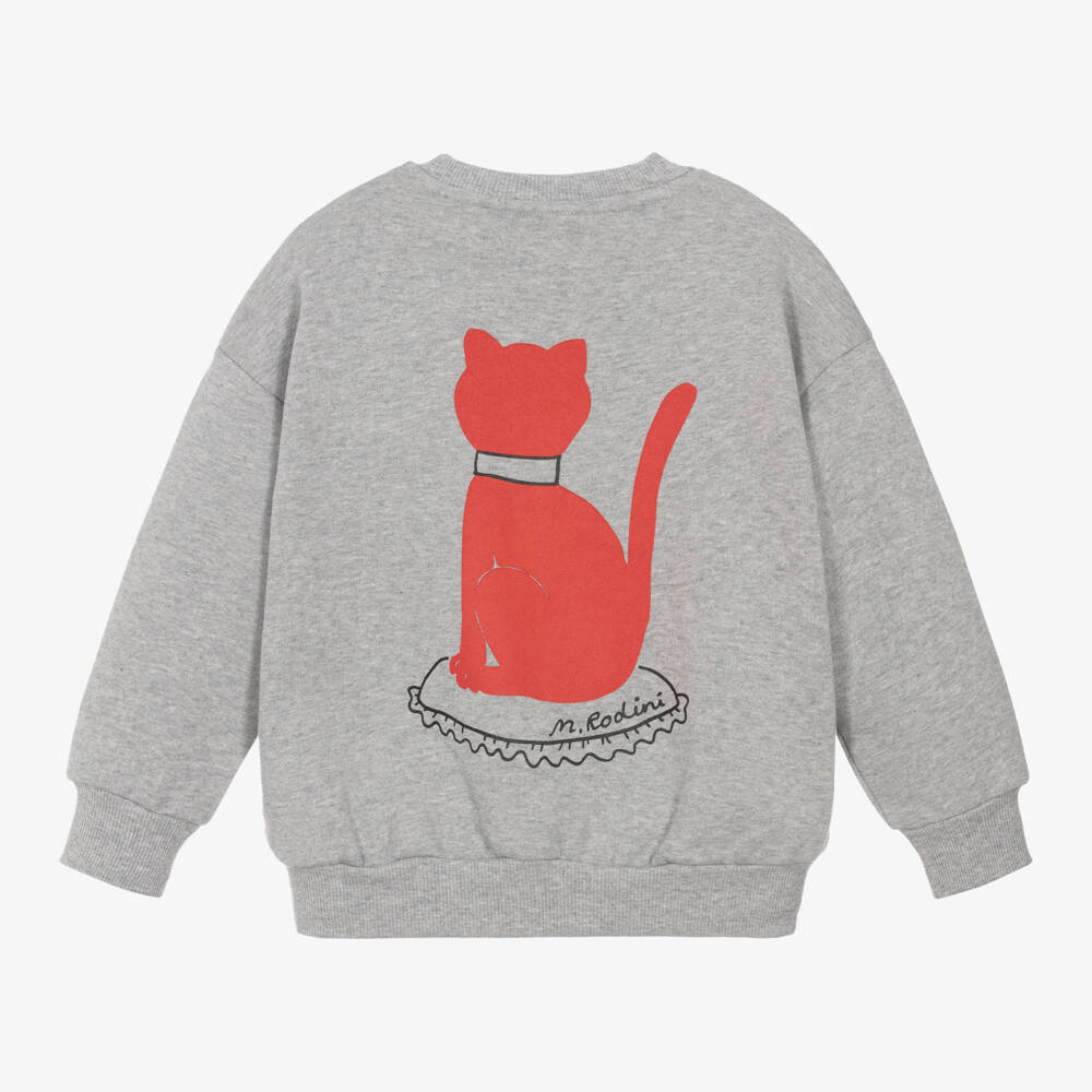 Mini Rodini-سويتشيرت بطبعة قطة قطن عضوي لون رمادي مارل | Childrensalon Outlet