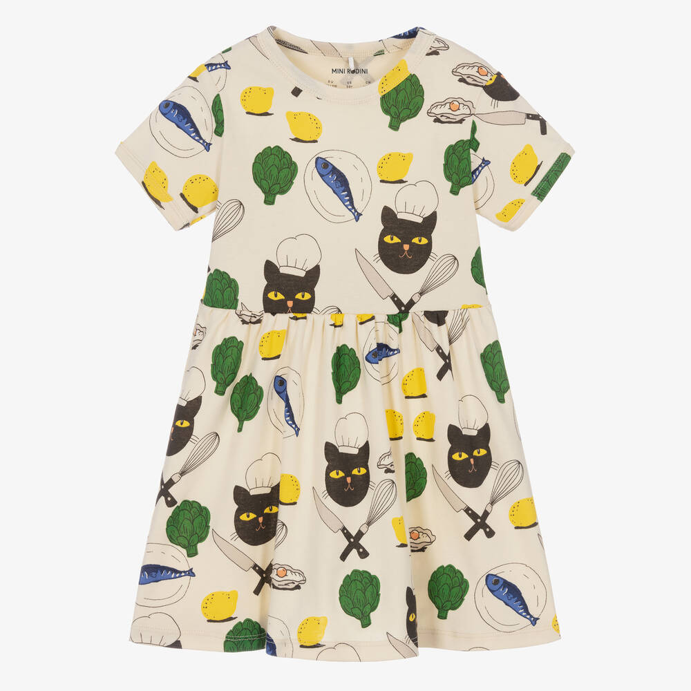 Mini Rodini - Girls Ivory Cat Chef Organic Cotton Dress | Childrensalon