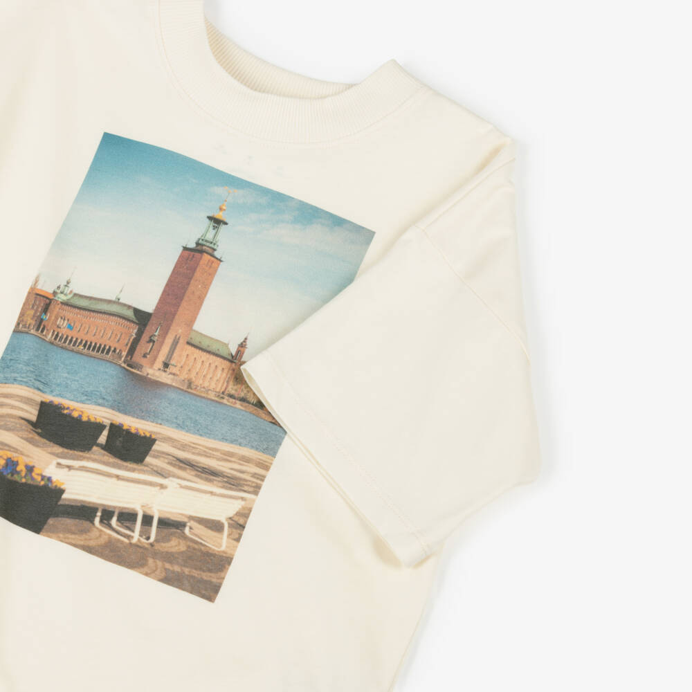 Mini Rodini-Кремовая хлопковая футболка с городским пейзажем для девочек | Childrensalon Outlet