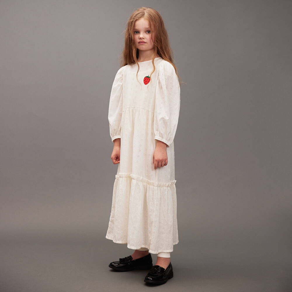 Mini Rodini-Girls Ivory Cotton Broderie Anglaise Maxi Dress | Childrensalon Outlet