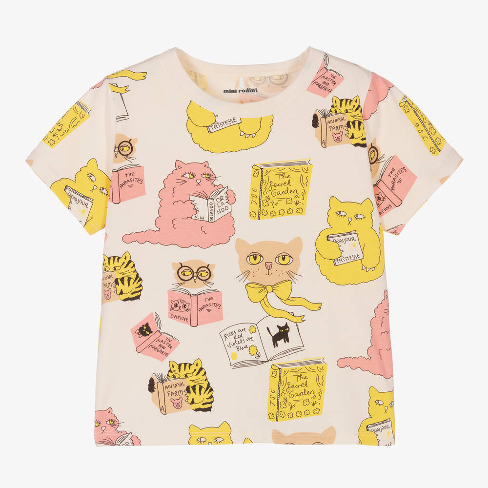 Mini Rodini - T-shirt coton ivoire chats livres | Childrensalon