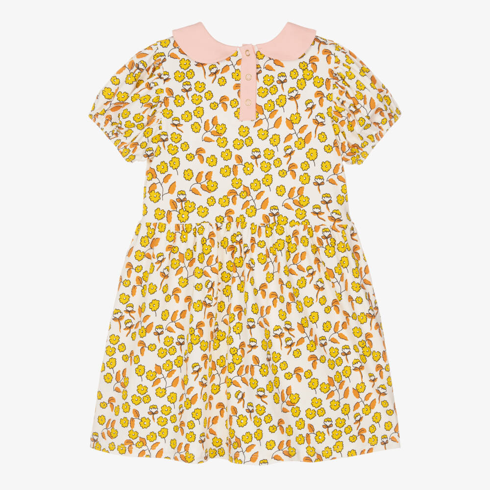 Mini Rodini-Girls Ivory Cotton Dress with Yellow Floral Print | Childrensalon Outlet