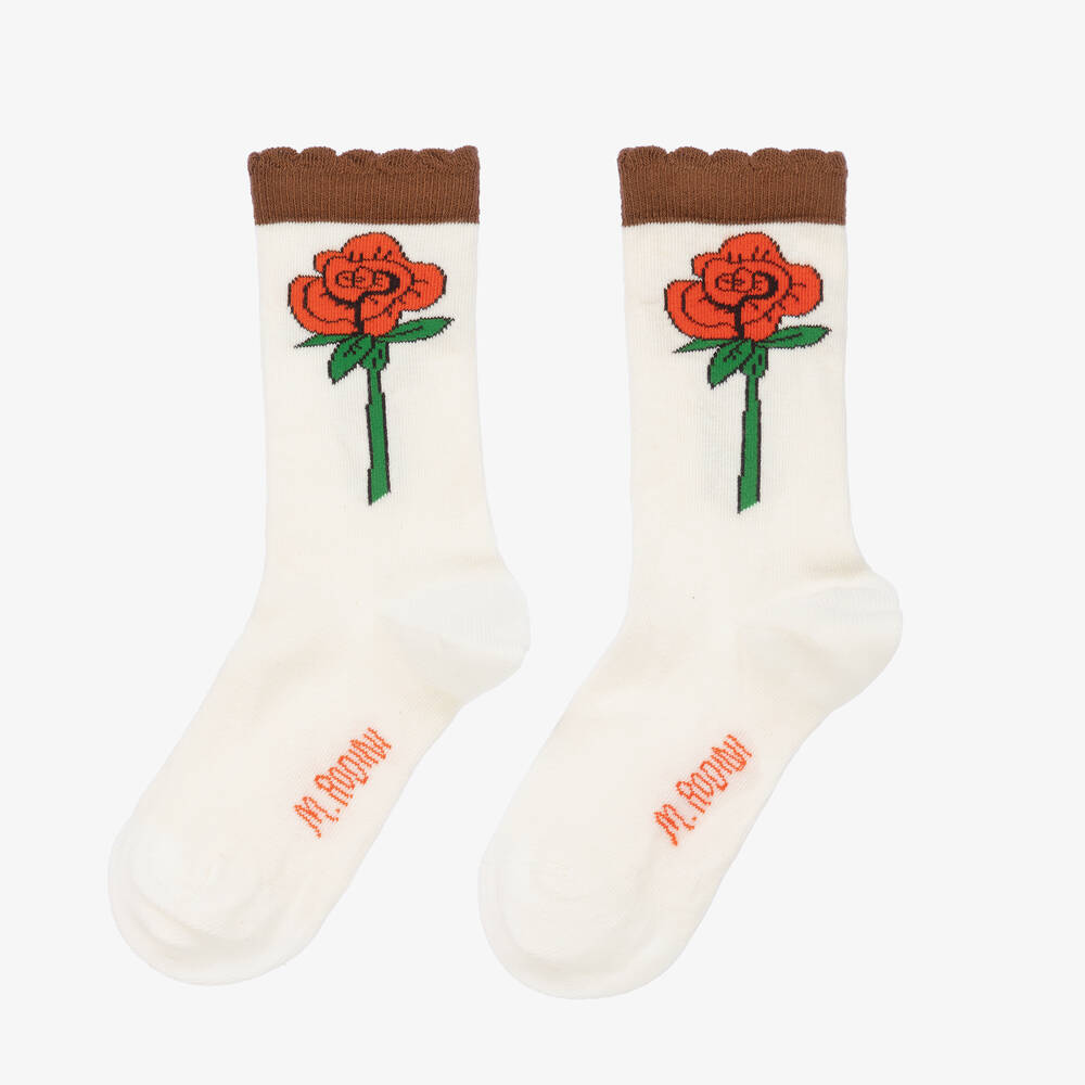 Mini Rodini - Кремовые хлопковые носки с розами для девочек | Childrensalon