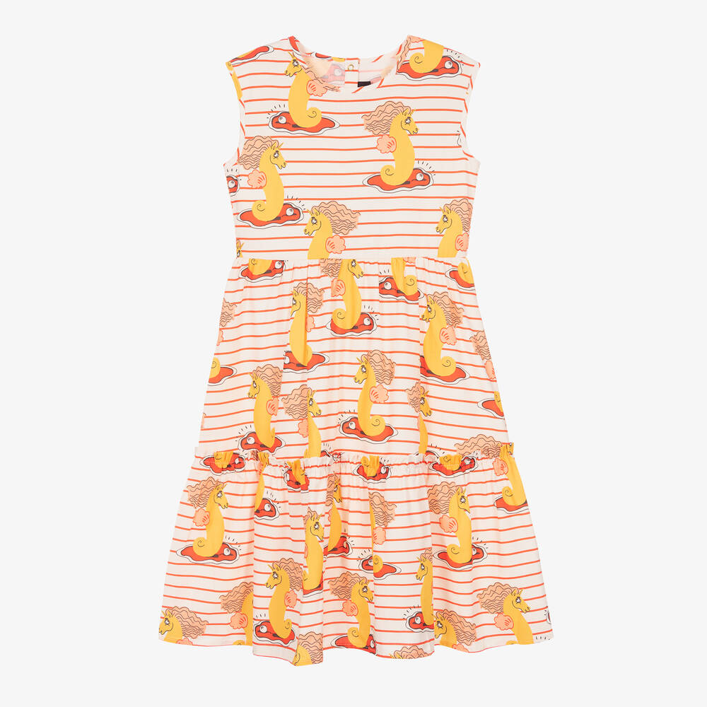 Mini Rodini - Girls Ivory Cotton Stripe Seahorse Dress | Childrensalon