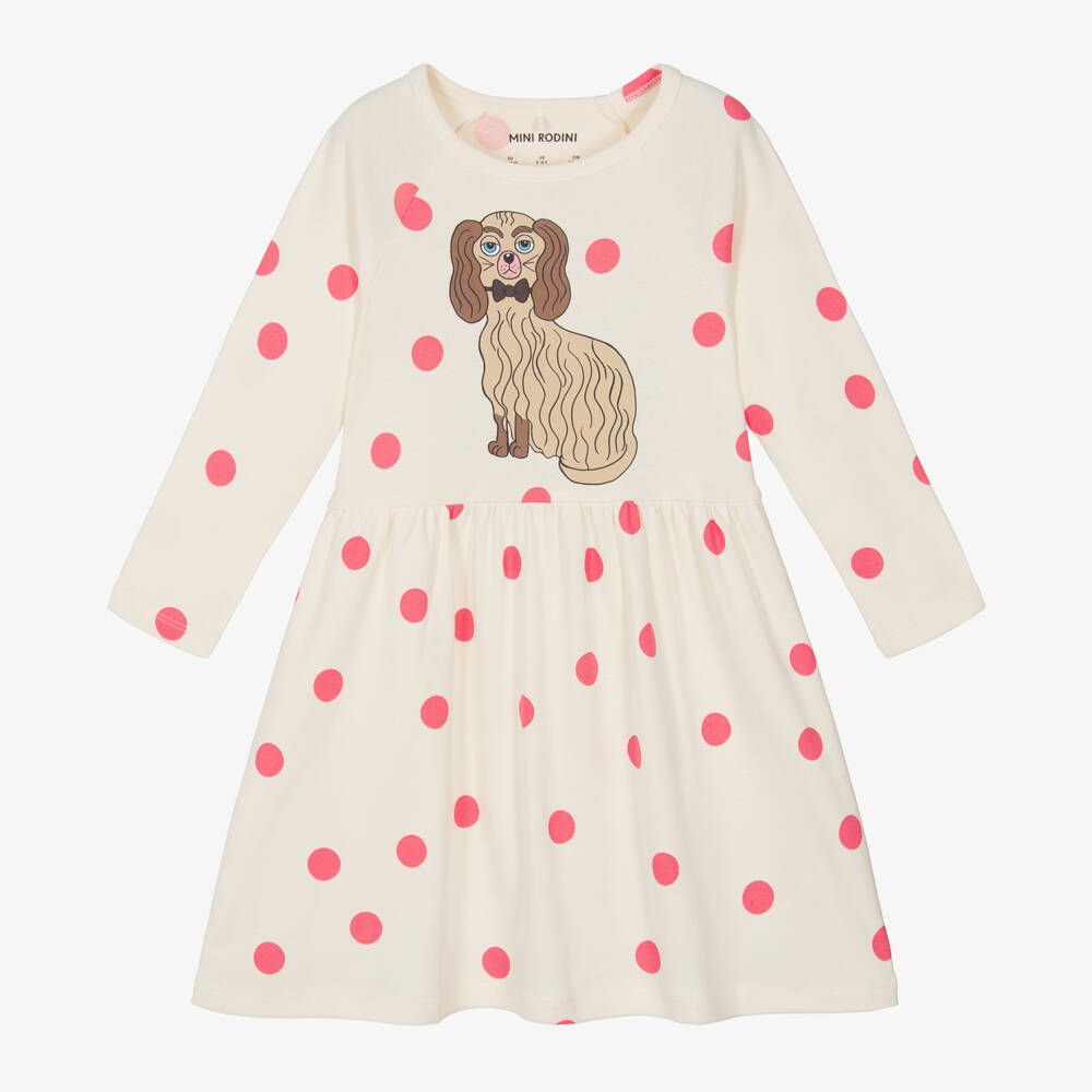 Mini Rodini-Girls Ivory Dog & Dot Delight Dress | Childrensalon Outlet