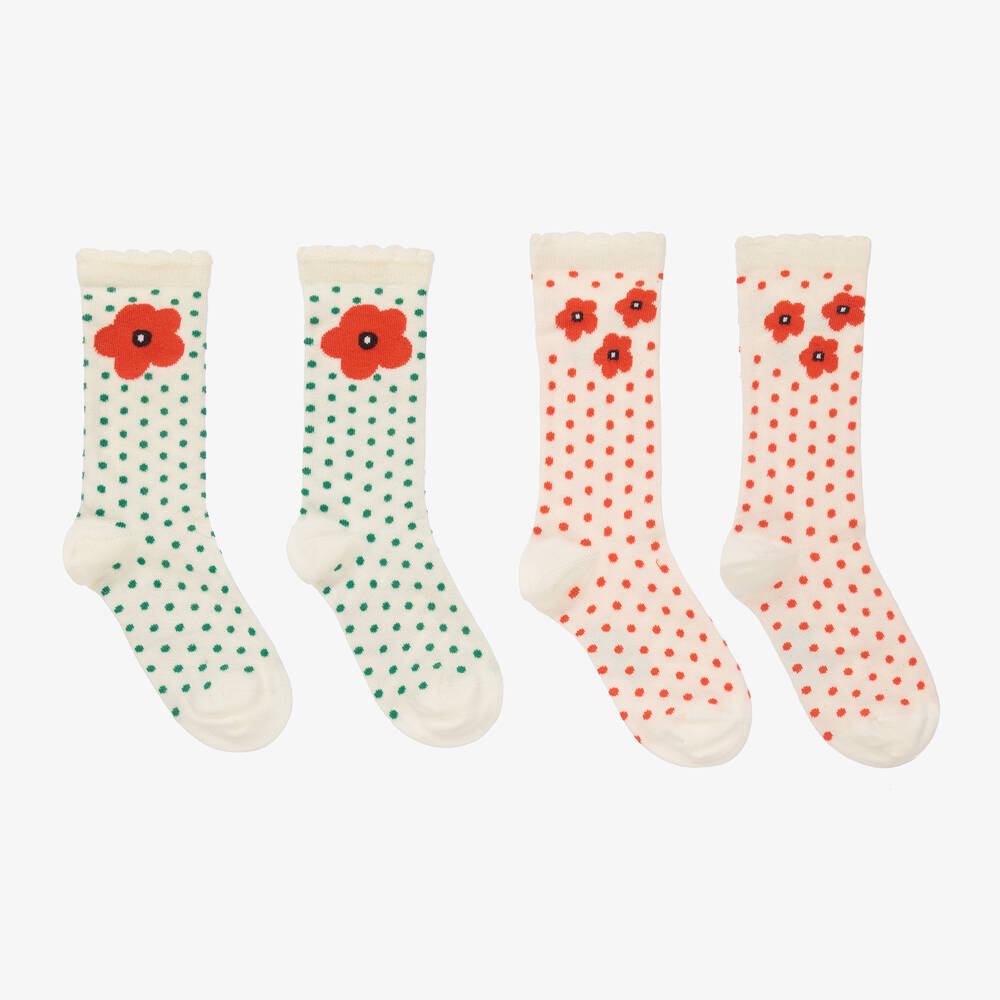 Mini Rodini-Girls Ivory Flower Socks (2 Pack) | Childrensalon Outlet