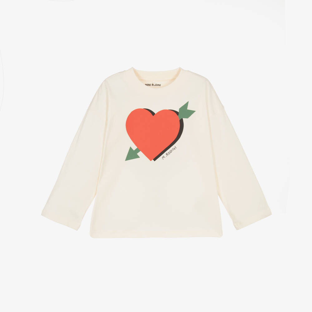 Mini Rodini-Girls Ivory Love-Embellished Cotton Top | Childrensalon Outlet