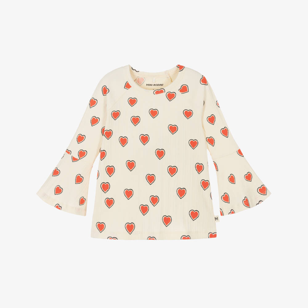 Mini Rodini-Girls Ivory Organic Cotton Jersey Heart Print Top | Childrensalon Outlet