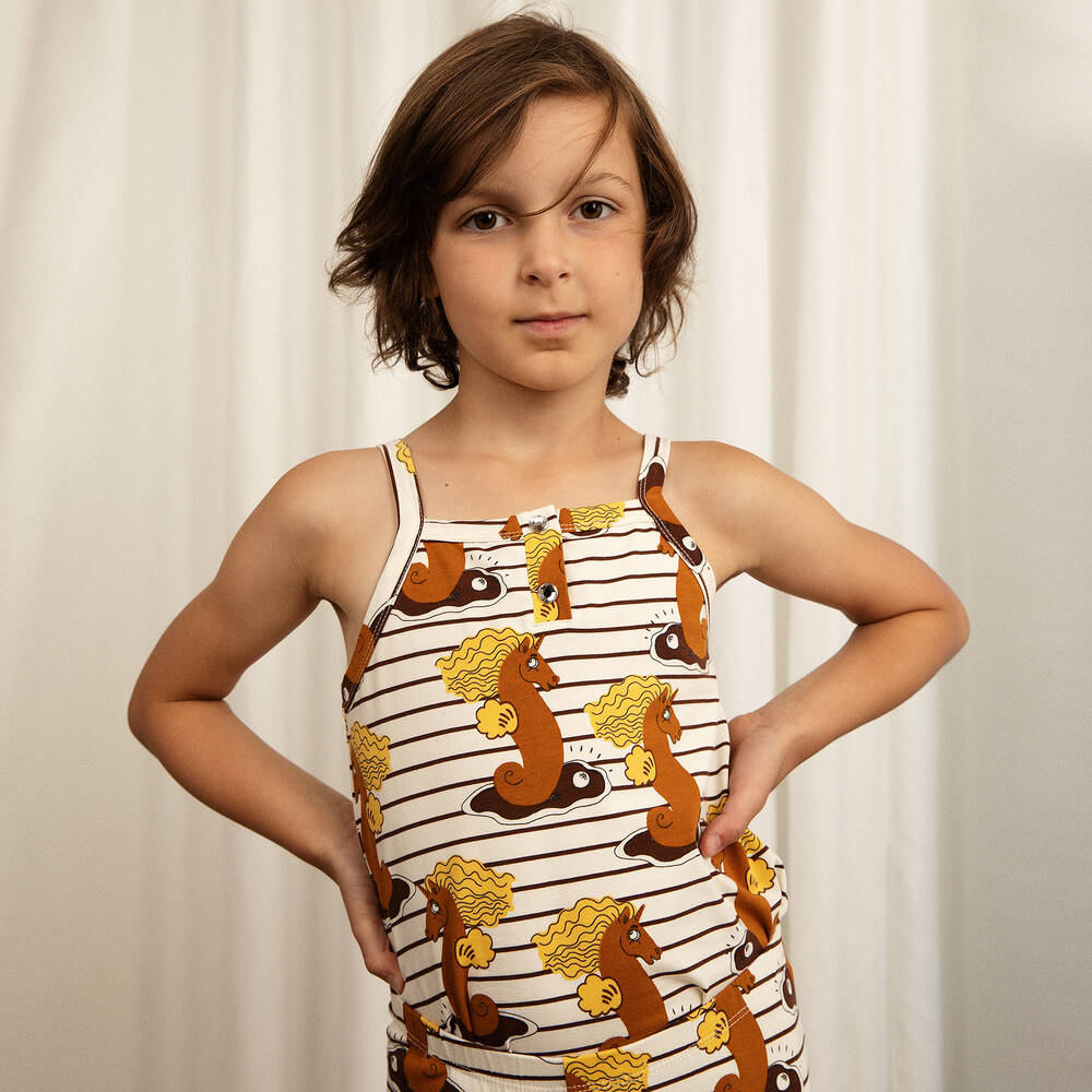 Mini Rodini-Кремовая футболка из органического хлопка с морскими коньками | Childrensalon Outlet