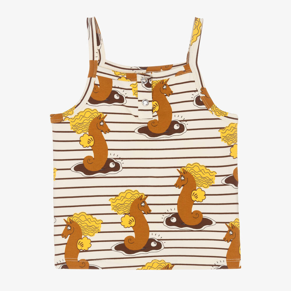 Mini Rodini - Girls Ivory Organic Cotton Seahorse T-Shirt | Childrensalon