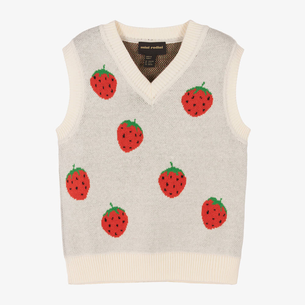 Mini Rodini - Girls Ivory Organic Cotton Stawberry Sweater Vest | Childrensalon