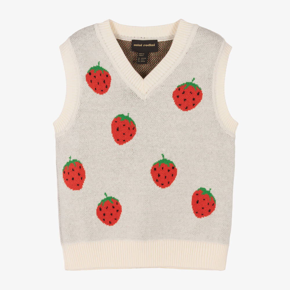 Mini Rodini Girls Ivory Organic Cotton Stawberry Sweater Vest