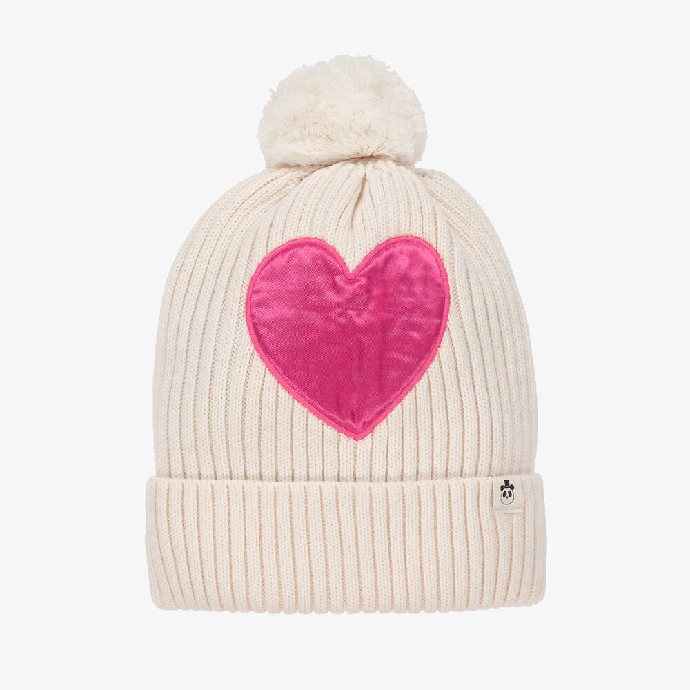 Mini Rodini - Girls Ivory & Pink Knitted Heart Hat | Childrensalon