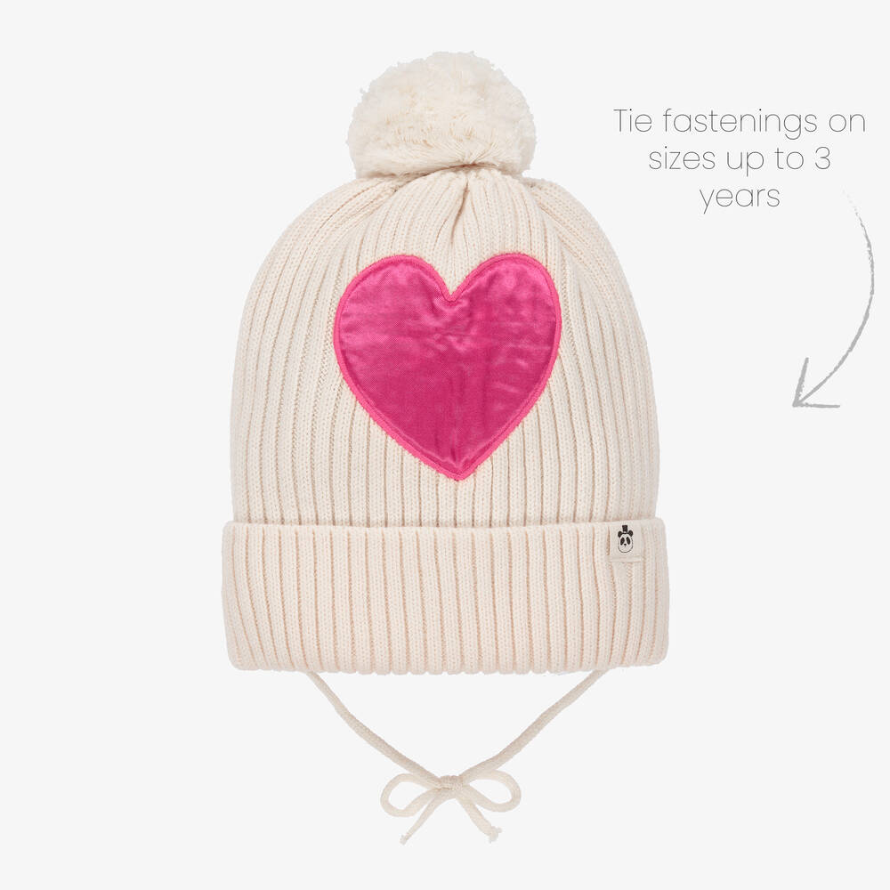 Mini Rodini-Girls Ivory & Pink Knitted Heart Hat | Childrensalon Outlet