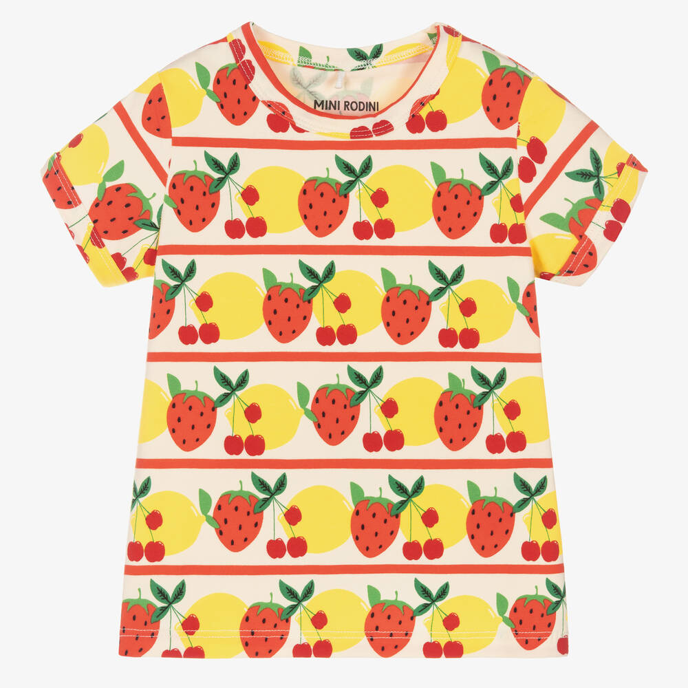 Mini Rodini - Girls Ivory & Red Cotton Fruit T-Shirt | Childrensalon