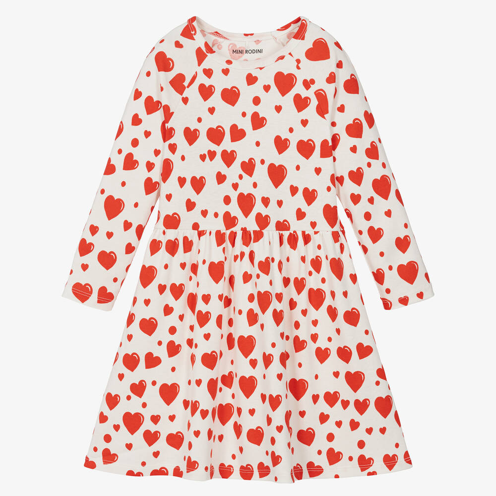 Mini Rodini - Girls Ivory & Red Cotton Heart Dress | Childrensalon
