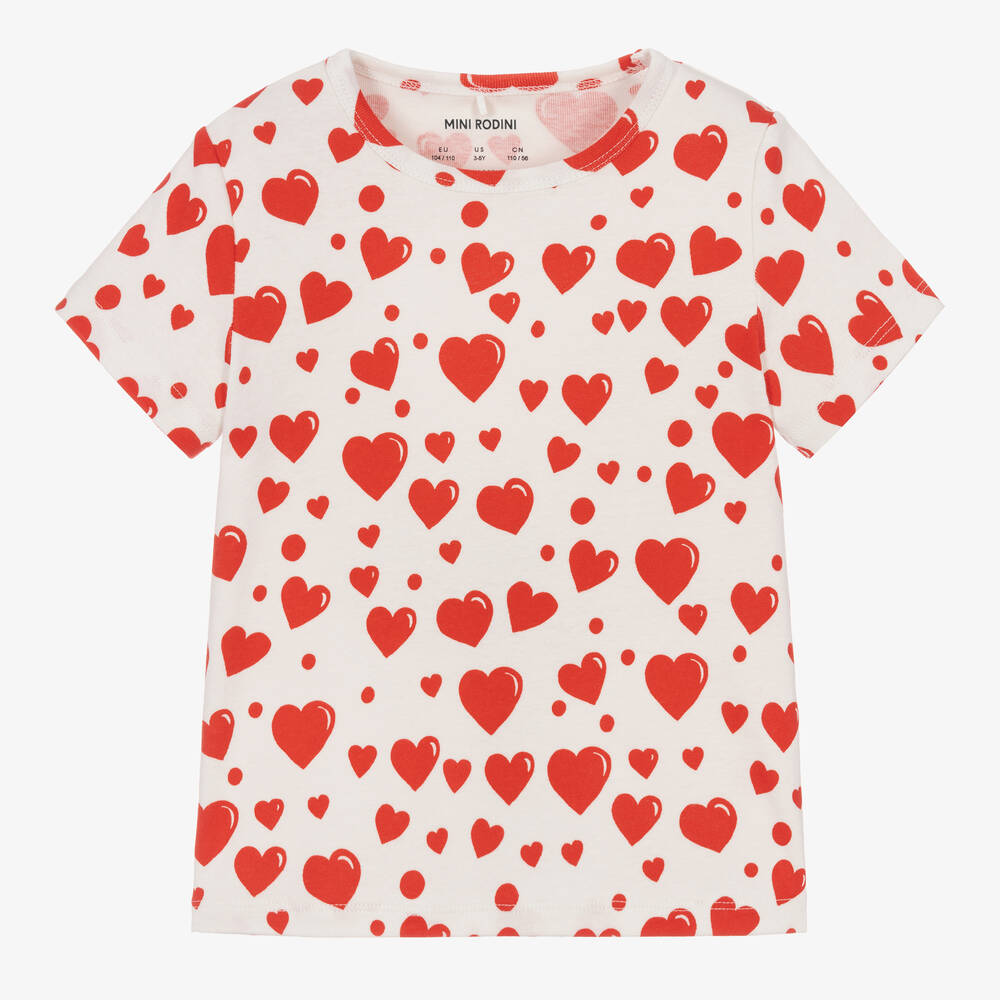 Mini Rodini - Girls Ivory & Red Hearts Cotton T-Shirt | Childrensalon