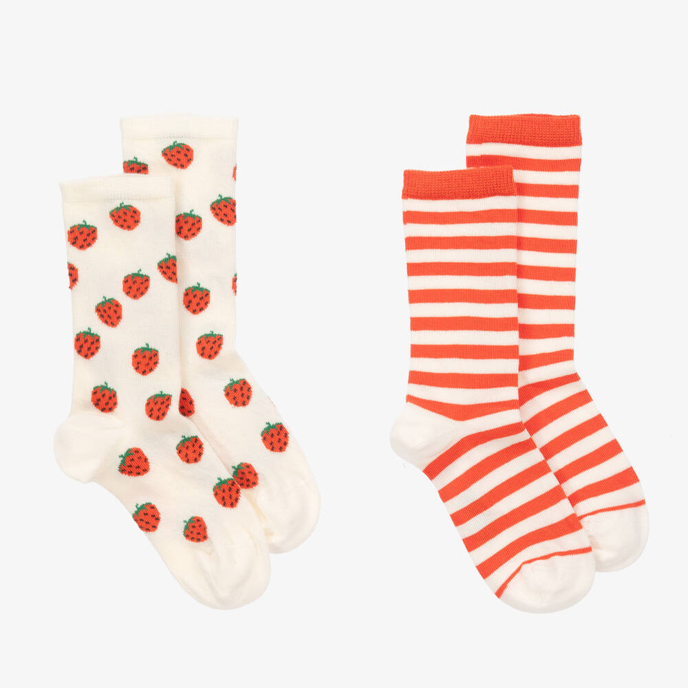 Mini Rodini - Girls Ivory & Red Organic Cotton Ankle Socks (2 Pack) | Childrensalon