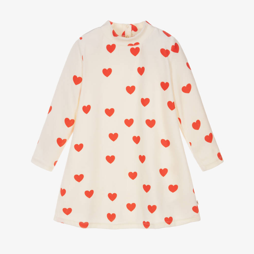 Mini Rodini-Girls Ivory Velour Dress with Red Heart Print | Childrensalon Outlet