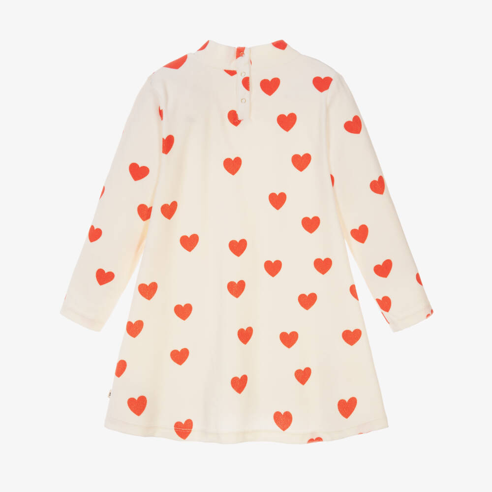 Mini Rodini-Girls Ivory Velour Dress with Red Heart Print | Childrensalon Outlet