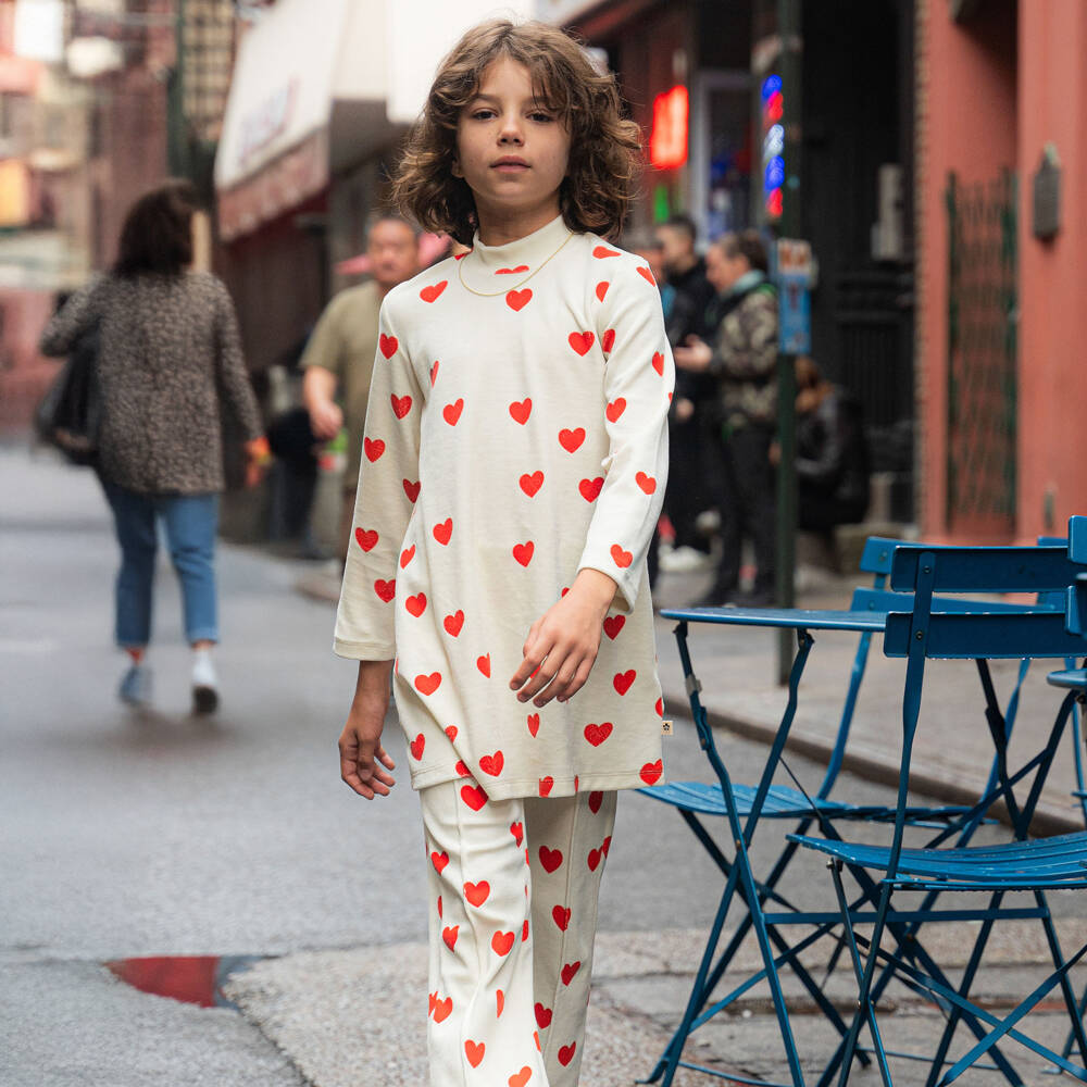 Mini Rodini-Girls Ivory Velour Trousers with Red Heart Print | Childrensalon Outlet