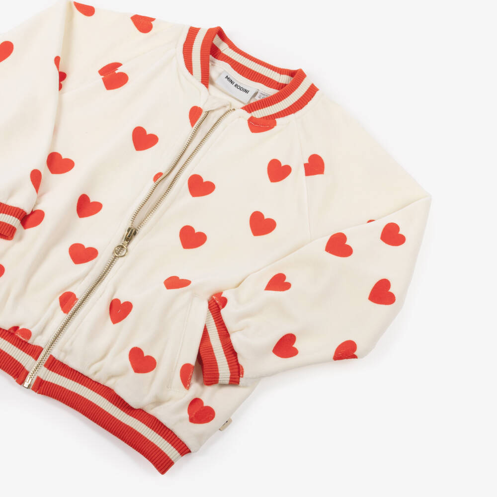 Mini Rodini-Girls Ivory Velour Zip-Up Top with Red Heart Print | Childrensalon Outlet