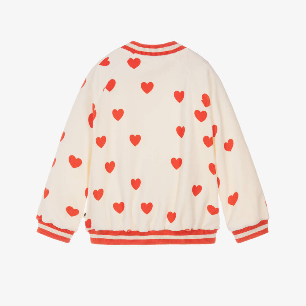 Mini Rodini-Girls Ivory Velour Zip-Up Top with Red Heart Print | Childrensalon Outlet