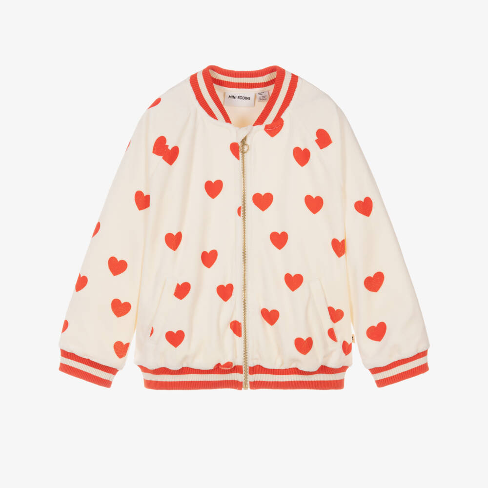Mini Rodini-Girls Ivory Velour Zip-Up Top with Red Heart Print | Childrensalon Outlet